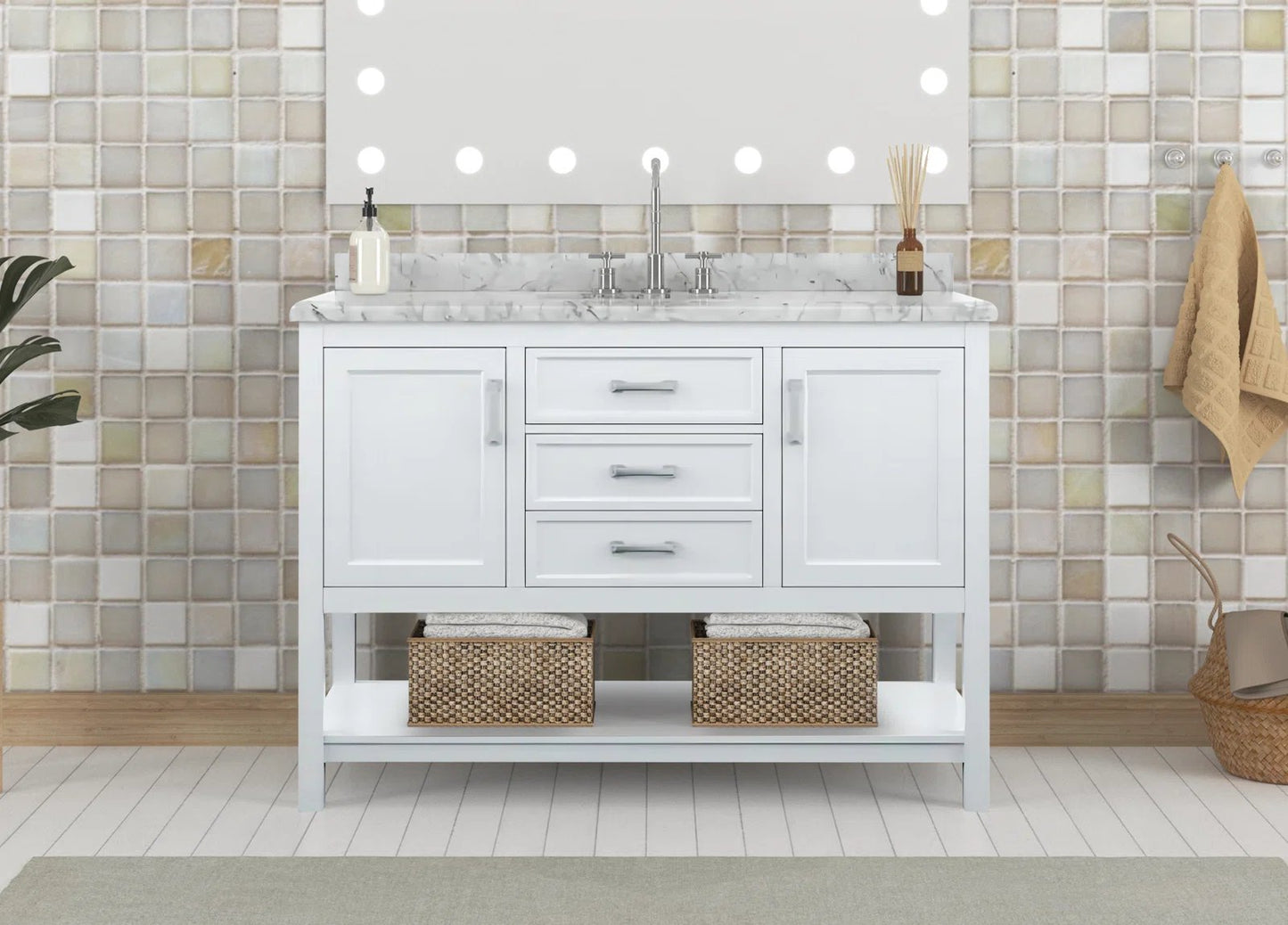 49" Single Sink Bathroom Vanity with Marble Top - White