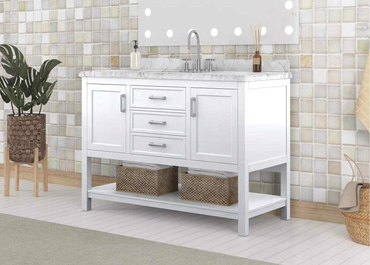 49" Single Sink Bathroom Vanity with Marble Top - White