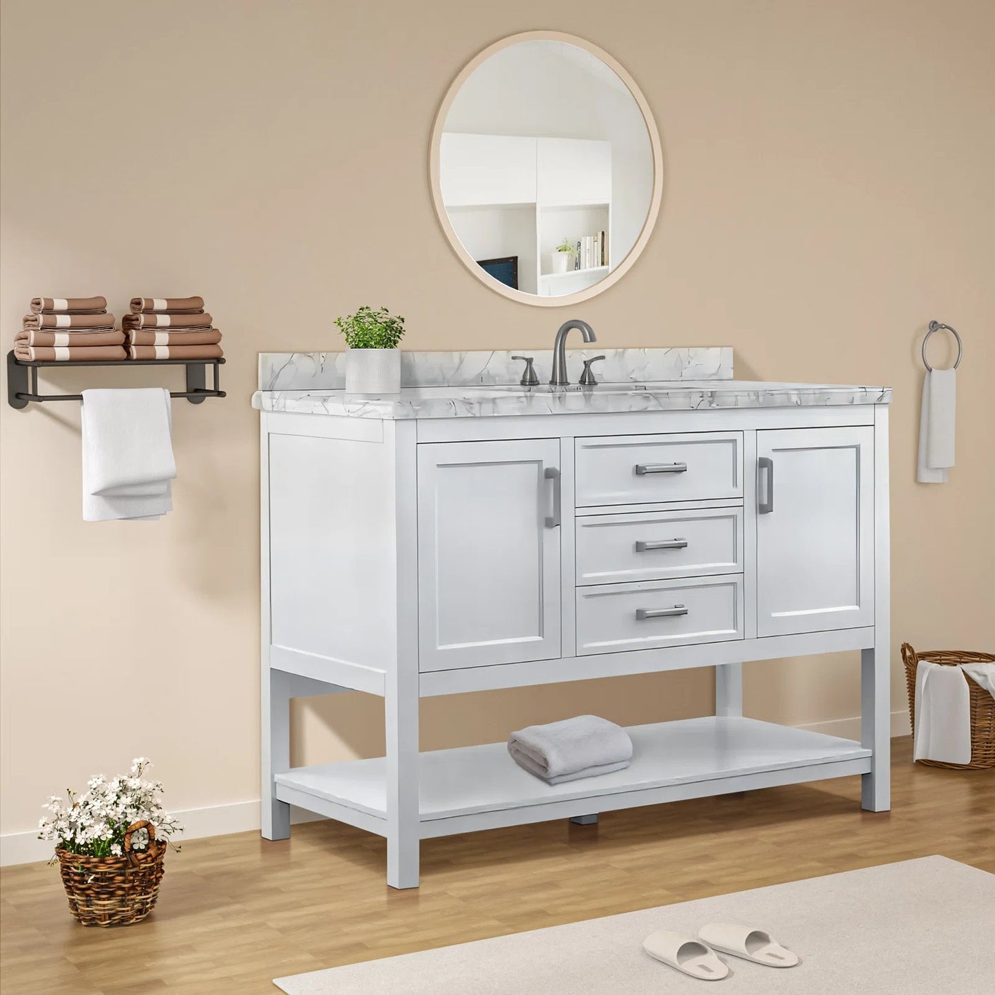 49" Single Sink Bathroom Vanity with Marble Top - White