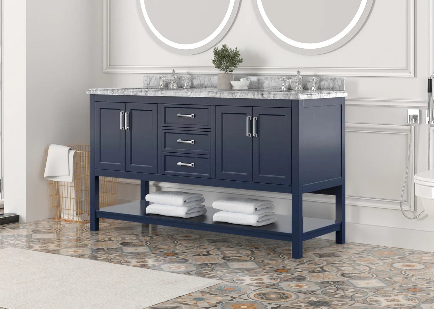 61" Double Sink Bathroom Vanity with Marble Top - Blue