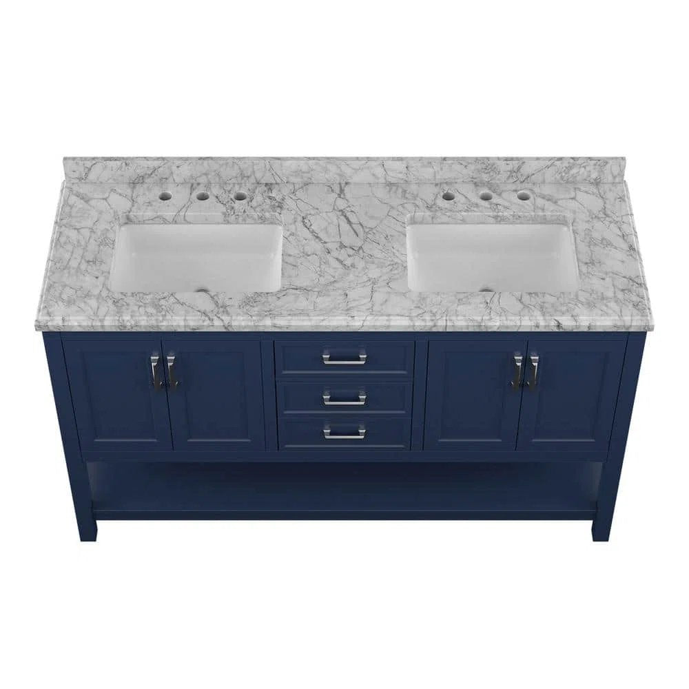 61" Double Sink Bathroom Vanity with Marble Top - Blue