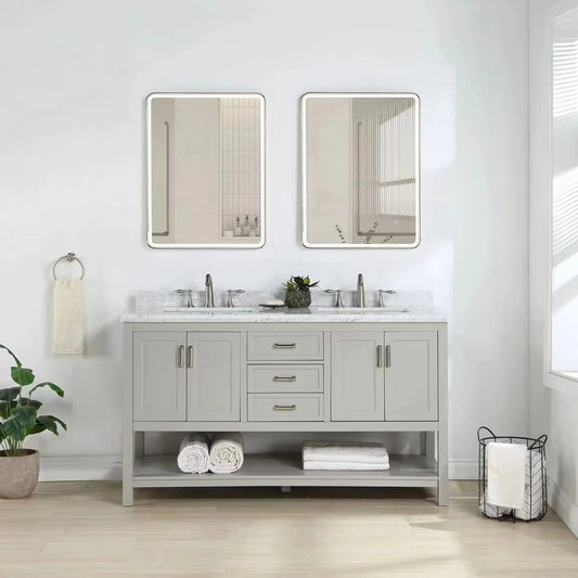 61" Double Sink Bathroom Vanity with Marble Top - Gray