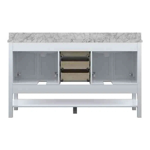 61" Double Sink Bathroom Vanity with Marble Top - White
