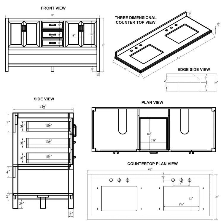 61" Double Sink Bathroom Vanity with Marble Top - White