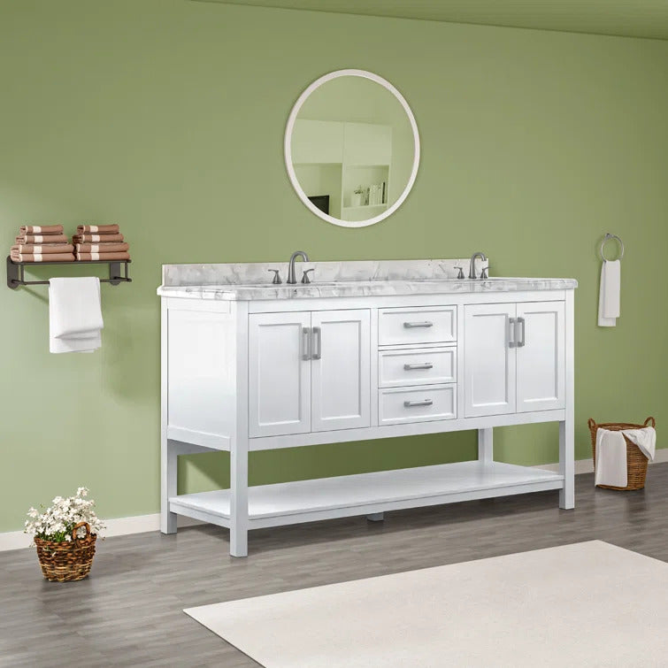 61" Double Sink Bathroom Vanity with Marble Top - White